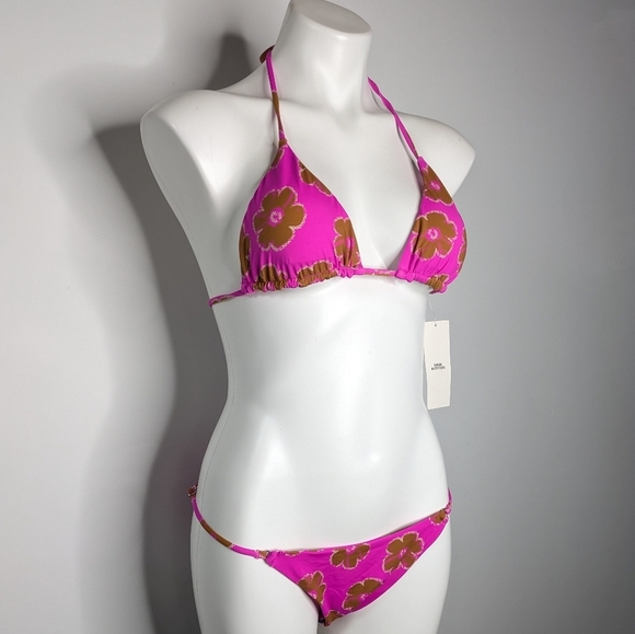 NWT Urban Outfitters Zoey Out From Under Pink Brown Floral String Bikini M/L - Picture 4 of 9